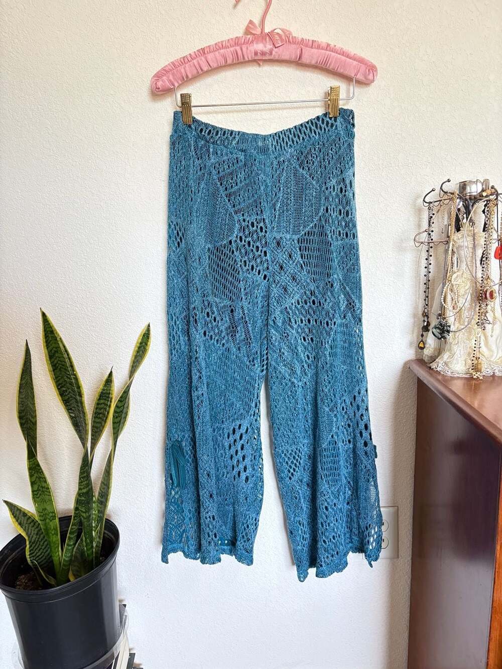 Y2K Early 2000s Lily by Firmiana Crochet Pants Size S Teal Wide Leg Knit Lounge